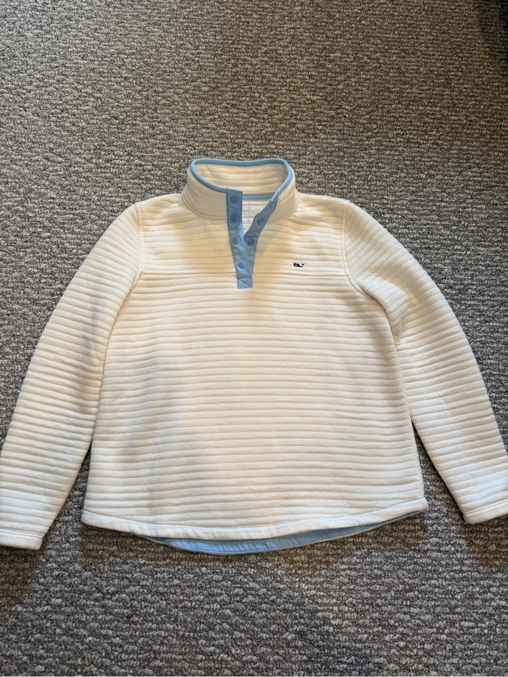 Vineyard Vines Cream Quilted Snap-Up Sweater with Light Blue Trim